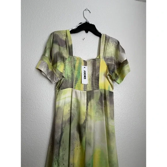 Dkny Midi Dress Womens S Watercolor Hues Ruched Printed Satin Short Sleeve NWT - Picture 4 of 11